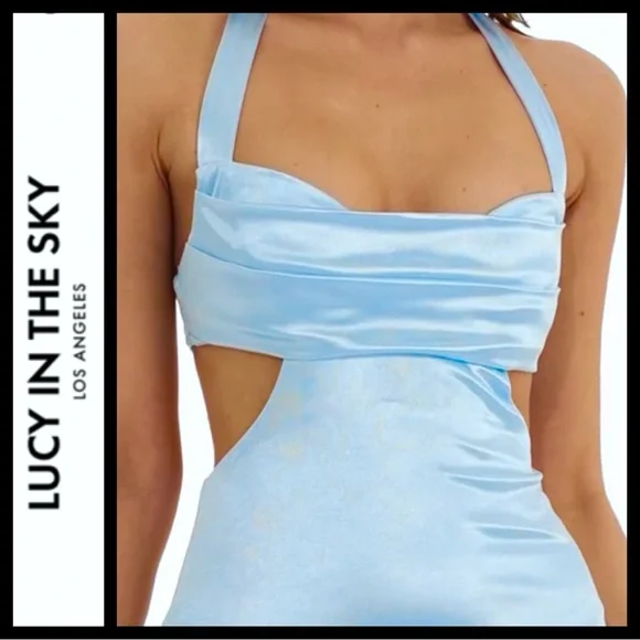 NWT Lucy in the Sky Blue Satin Cutout Bodycon Dress - Picture 3 of 10